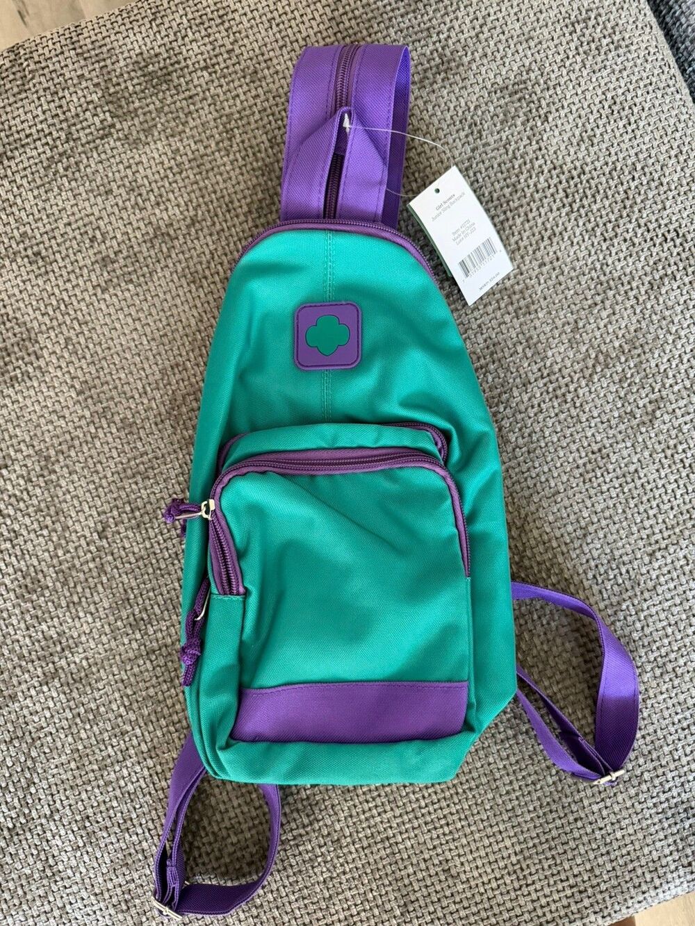 Girl Scouts Junior Sling Backpack Green Purple Trefoil Zip Pockets Adjustable